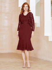 Sheath Scoop Neckline Tea-Length Chiffon Dress with Lace Burgundy