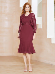Sheath Scoop Neckline Tea-Length Chiffon Dress with Lace Cinnamon Rose