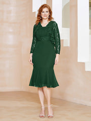 Sheath Scoop Neckline Tea-Length Chiffon Dress with Lace Dark Green
