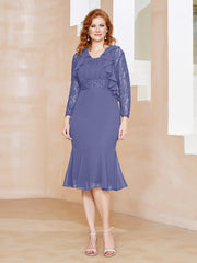 Sheath Scoop Neckline Tea-Length Chiffon Dress with Lace Periwinkle