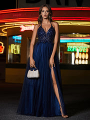 Plunging V-Neck Floor-length Tulle Dress Ivory