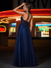 Plunging V-Neck Floor-length Tulle Dress Steel Grey