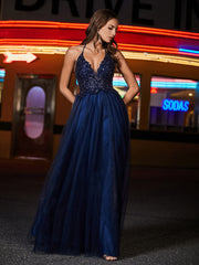 Plunging V-Neck Floor-length Tulle Dress Ivory Plus Size