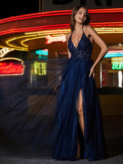 Plunging V-Neck Floor-length Tulle Dress Ivory Plus Size