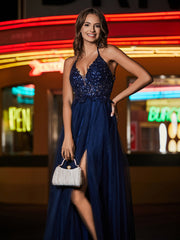 Plunging V-Neck Floor-length Tulle Dress Ivory