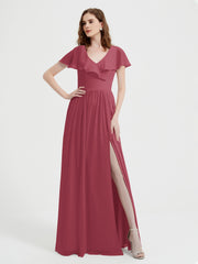 Cap Sleeves V-neck Chiffon Dress with Slit Cinnamon Rose