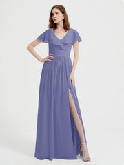 Cap Sleeves V-neck Chiffon Dress with Slit Periwinkle