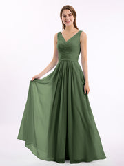 Chiffon Long Dresses with V Neckline Olive Green