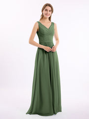 Chiffon Long Dresses with V Neckline Olive Green