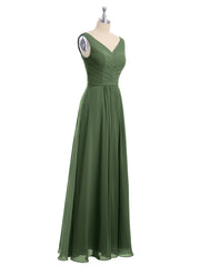 Chiffon Long Dresses with V Neckline Olive Green