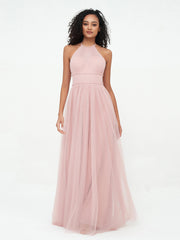 Halter Illusion Long Boho Tulle Dresses Dusty Rose