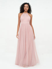 Halter Illusion Long Boho Tulle Dresses Dusty Rose Plus Size