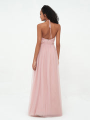 Halter Illusion Long Boho Tulle Dresses Dusty Rose