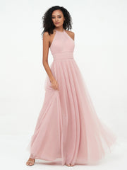 Halter Illusion Long Boho Tulle Dresses Dusty Rose