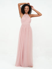 Halter Illusion Long Boho Tulle Dresses Dusty Rose