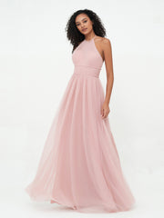 Halter Illusion Long Boho Tulle Dresses Dusty Rose