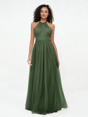 Halter Illusion Long Boho Tulle Dresses Olive Green