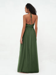 Halter Illusion Long Boho Tulle Dresses Olive Green Plus Size