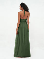 Halter Illusion Long Boho Tulle Dresses Olive Green