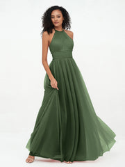 Halter Illusion Long Boho Tulle Dresses Olive Green