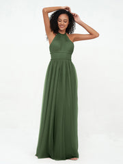 Halter Illusion Long Boho Tulle Dresses Olive Green