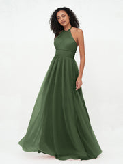 Halter Illusion Long Boho Tulle Dresses Olive Green