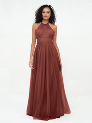 Halter Illusion Long Boho Tulle Dresses Terracotta