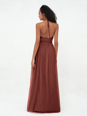 Halter Illusion Long Boho Tulle Dresses Terracotta