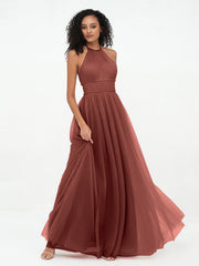 Halter Illusion Long Boho Tulle Dresses Terracotta