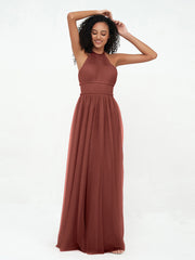 Halter Illusion Long Boho Tulle Dresses Terracotta