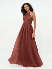 Halter Illusion Long Boho Tulle Dresses Terracotta