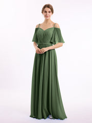 Off the Shoulder Spaghetti Strap Chiffon Gowns Olive Green