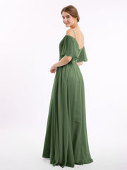 Off the Shoulder Spaghetti Strap Chiffon Gowns Olive Green