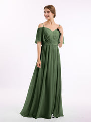 Off the Shoulder Spaghetti Strap Chiffon Gowns Olive Green