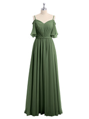 Off the Shoulder Spaghetti Strap Chiffon Gowns Olive Green