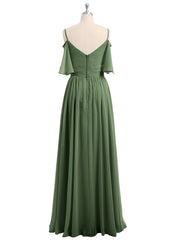 Off the Shoulder Spaghetti Strap Chiffon Gowns Olive Green