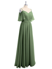 Off the Shoulder Spaghetti Strap Chiffon Gowns Olive Green