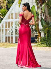 Off shoulder Mermaid Stretch Satin Gown Burgundy