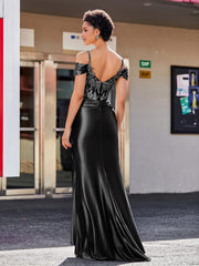 Off shoulder Mermaid Stretch Satin Gown Black Plus Size