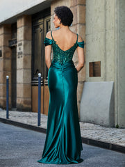 Off shoulder Mermaid Stretch Satin Gown Dark Green Plus Size