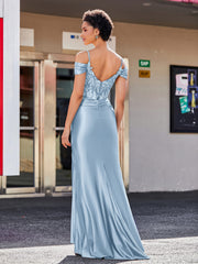 Off shoulder Mermaid Stretch Satin Gown Dusty Blue Plus Size