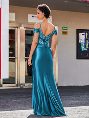 Off shoulder Mermaid Stretch Satin Gown Ink Blue Plus Size