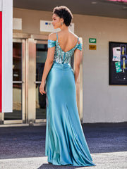 Off shoulder Mermaid Stretch Satin Gown Teal Plus Size