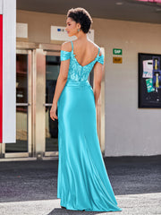Off shoulder Mermaid Stretch Satin Gown Jade