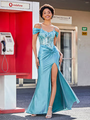 Off shoulder Mermaid Stretch Satin Gown Teal Plus Size