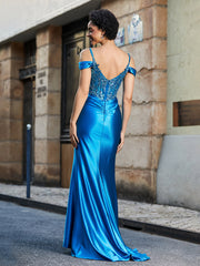 Off shoulder Mermaid Stretch Satin Gown Ocean Blue