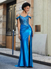 Off shoulder Mermaid Stretch Satin Gown Ocean Blue