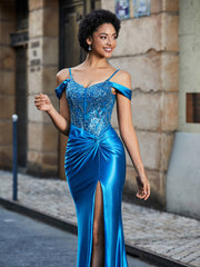 Off shoulder Mermaid Stretch Satin Gown Ocean Blue