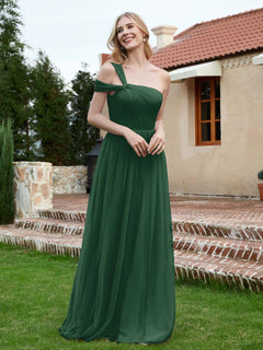 Sleeveless One Shoulder Tulle Pleated Dress Dark Green