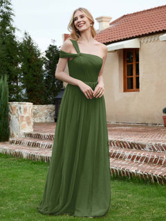 Sleeveless One Shoulder Tulle Pleated Dress Moss